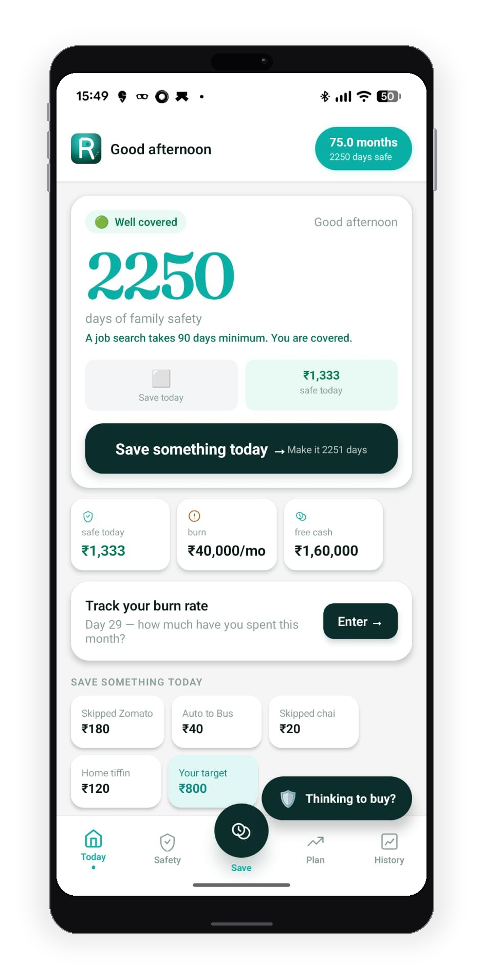 Ritual Money app showing family safety score
